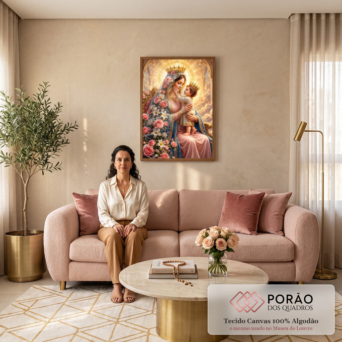 Quadro Decorativo Grande Nossa Senhora Rosas para Sala | quadros decorativos para sala de estar | Nossa Senhora coroada segurando o Menino Jesus entre rosas e lírios com luz dourada | em ambiente 3 | Porao dos Quadros