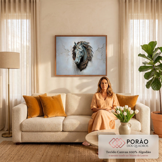 Quadro Decorativo Grande Cabeça de Cavalo para Sala Azul | quadros decorativos para sala de estar | cabeça de cavalo em metal azul e dourado emergindo de parede rachada em efeito 3D | em ambiente 3 | Porao dos Quadros