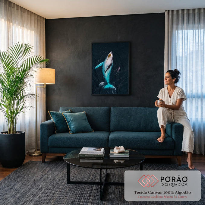 Baleia jubarte vista do alto com golfinho ao lado em mar azul escuro e água turquesa, quadro decorativo