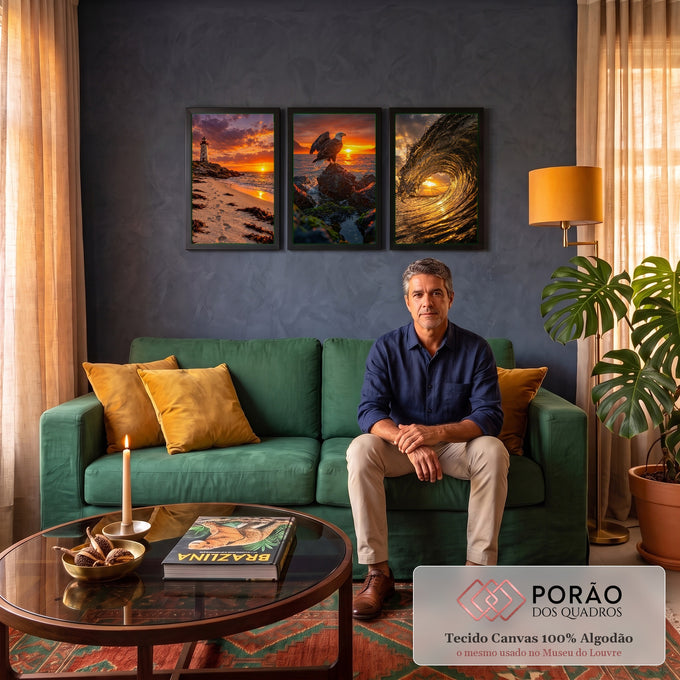 Quadro Decorativo Kit 3 Telas Farol Águia para Sala Laranja | quadros decorativos para sala de estar | farol, águia e onda em três cenas de pôr do sol laranja e dourado | em ambiente 3 | Porao dos Quadros