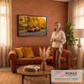 Quadro Decorativo Grande Carro Automóvel Laranja para Sala | quadros decorativos para sala de estar | carro esportivo laranja numa rua de outono cercada por árvores douradas | em ambiente 3 | Porao dos Quadros
