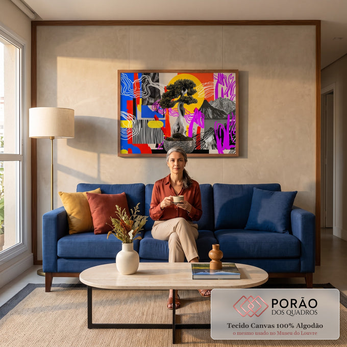 Quadro Decorativo Grande Bonsai em Colagem para Sala Azul | quadros decorativos para sala de estar | bonsai realista com fundo colorido geométrico estilo colagem pop art | em ambiente 3 | Porao dos Quadros