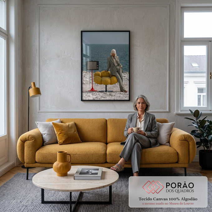 Mulher de terno xadrez e cabelo platinado com poltrona amarela e TV retrô à beira-mar, quadro decorativo
