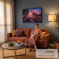 Quadro Decorativo Grande Pôr do Sol Moinhos para Sala | quadros decorativos para sala de estar | pôr do sol colorido sobre moinhos de pedra com café ao ar livre numa rua de paralelepípedos | em ambiente 3 | Porao dos Quadros