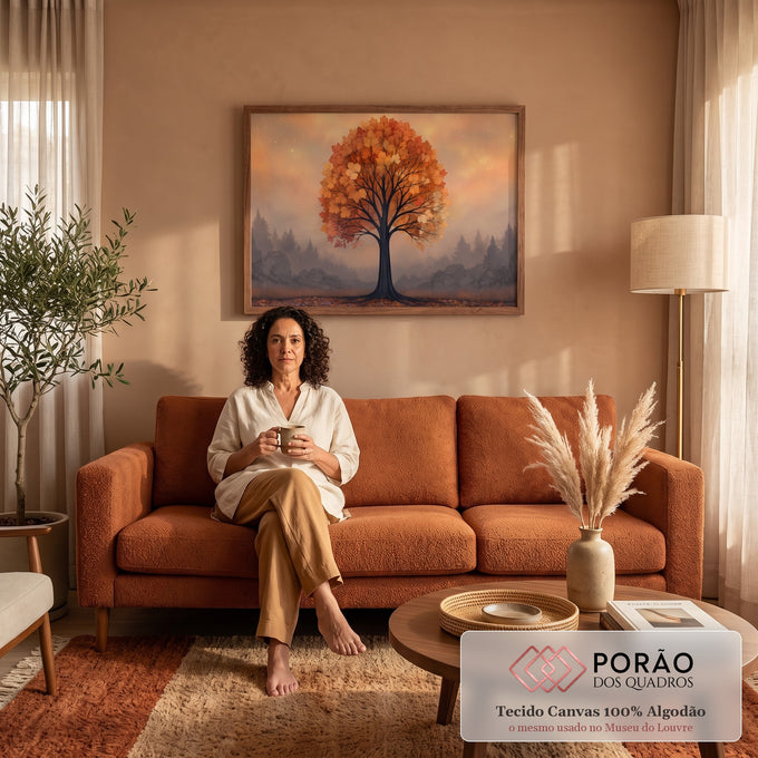 Árvore de copa laranja com folhas de outono, céu estrelado e pinheiros na neblina, quadro decorativo
