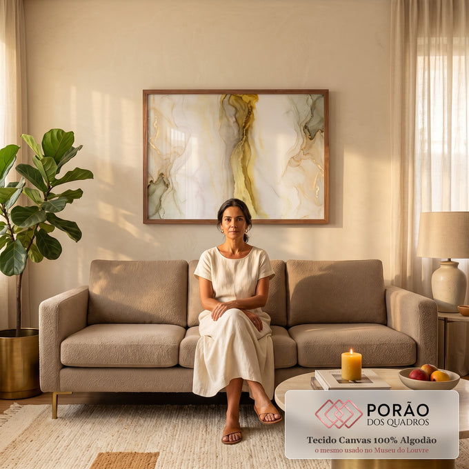 Quadro Decorativo Grande Mármore com Veios para Sala Dourado | quadros decorativos para sala de estar | efeito mármore líquido com veios dourados e cinza sobre fundo branco | em ambiente 3 | Porao dos Quadros