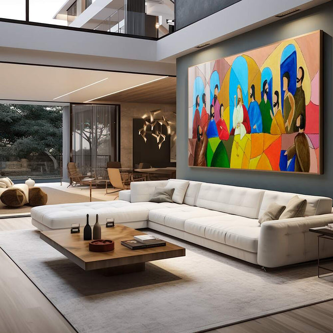 Quadro Decorativo: A Última Ceia em Detalhes Realistas - quadros decorativos 1 Tela, 1 Tela Horizontal - em sala moderna