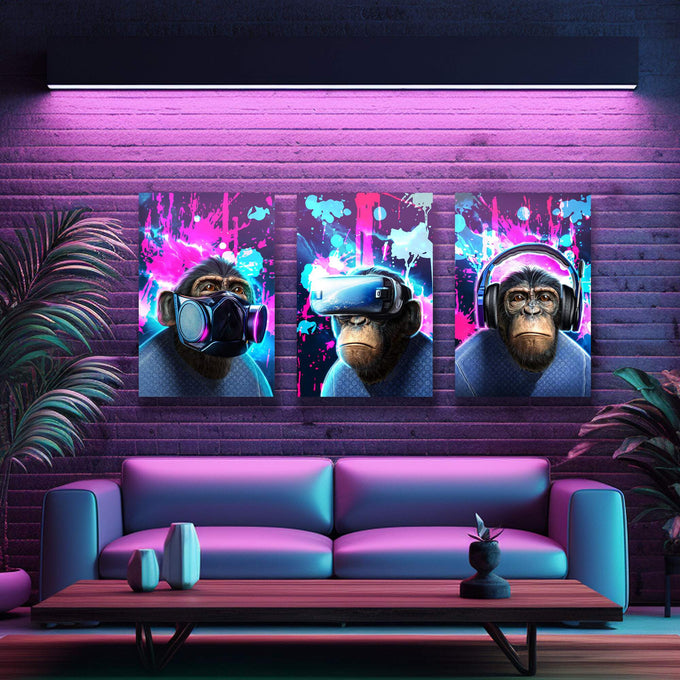 Quadro Decorativo Chimpanzés e a Era Digital: Uma Perspectiva Única - quadros decorativos para sala 1 Tela Vertical, 3 Telas - em ambiente decorado