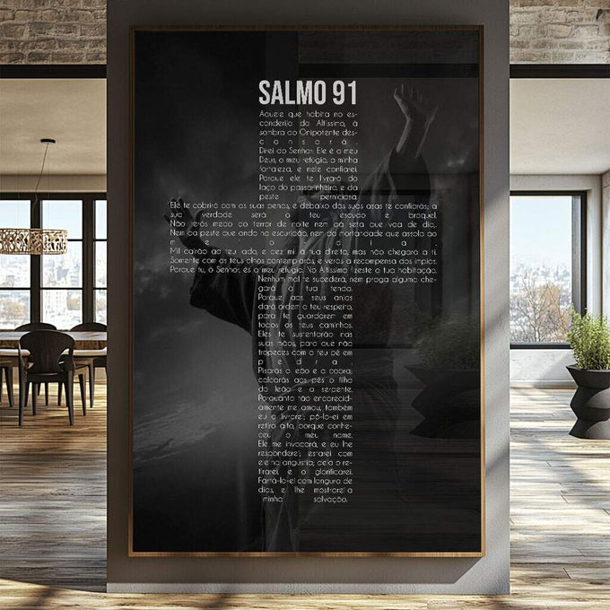 Quadro Decorativo Salmo 91 Cruz de Fé Inabalável - quadros decorativos para sala 1 Tela Vertical, 3 Telas - em ambiente decorado