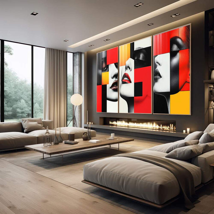 Quadro Abstrato Trio Mulheres - Arte e Sofisticação - quadros decorativos 1 Tela Vertical, 3 Telas - em sala moderna
