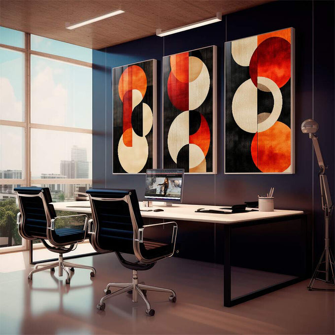Quadro Decorativo Minimalista Circulares em Tons Alaranjados - quadros decorativos 1 Tela Vertical, 3 Telas - em sala moderna