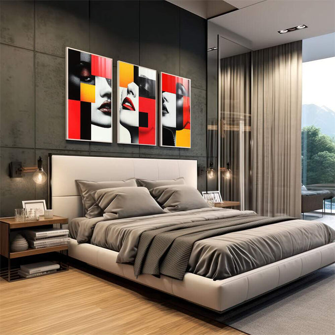 Quadro Abstrato Trio Mulheres - Arte e Sofisticação - quadros decorativos para sala 1 Tela Vertical, 3 Telas - em quarto contemporaneo