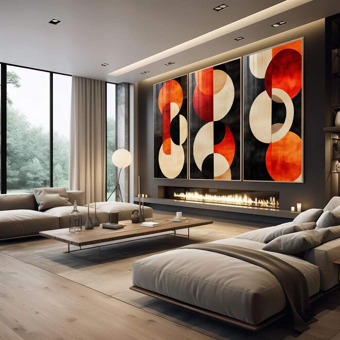Quadro Decorativo Minimalista Circulares em Tons Alaranjados - quadros decorativos 1 Tela Vertical, 3 Telas - em escritorio elegante