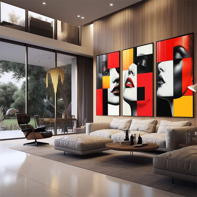 Quadro Abstrato Trio Mulheres - Arte e Sofisticação - quadros decorativos para sala 1 Tela Vertical, 3 Telas - em living room premium