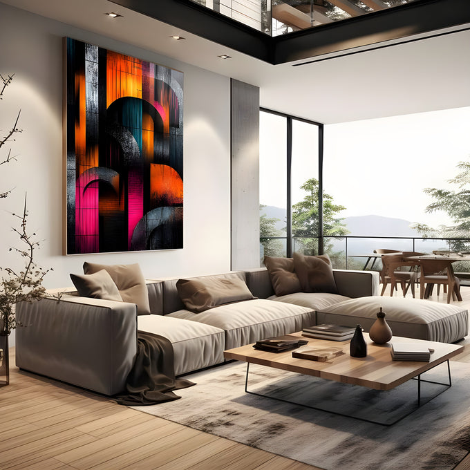 Arcos e faixas geométricas em laranja, rosa, azul-petróleo e cinza sobre fundo preto, quadro decorativo