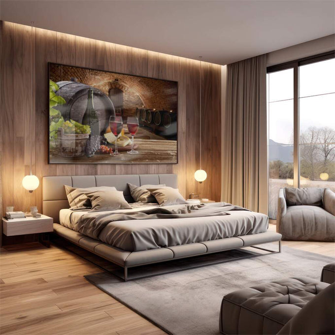 Quadro Decorativo: Vinho e Queijo - Toque Rústico e Elegante - quadros decorativos 1 Tela, 1 Tela Horizontal - em escritorio elegante