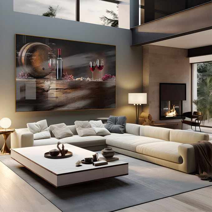 Barril de carvalho, garrafa e taças de vinho tinto com uvas sobre madeira rústica, quadro decorativo