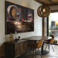 Barril de carvalho, garrafa e taças de vinho tinto com uvas sobre madeira rústica, quadro decorativo