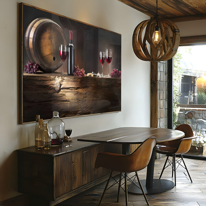 Barril de carvalho, garrafa e taças de vinho tinto com uvas sobre madeira rústica, quadro decorativo